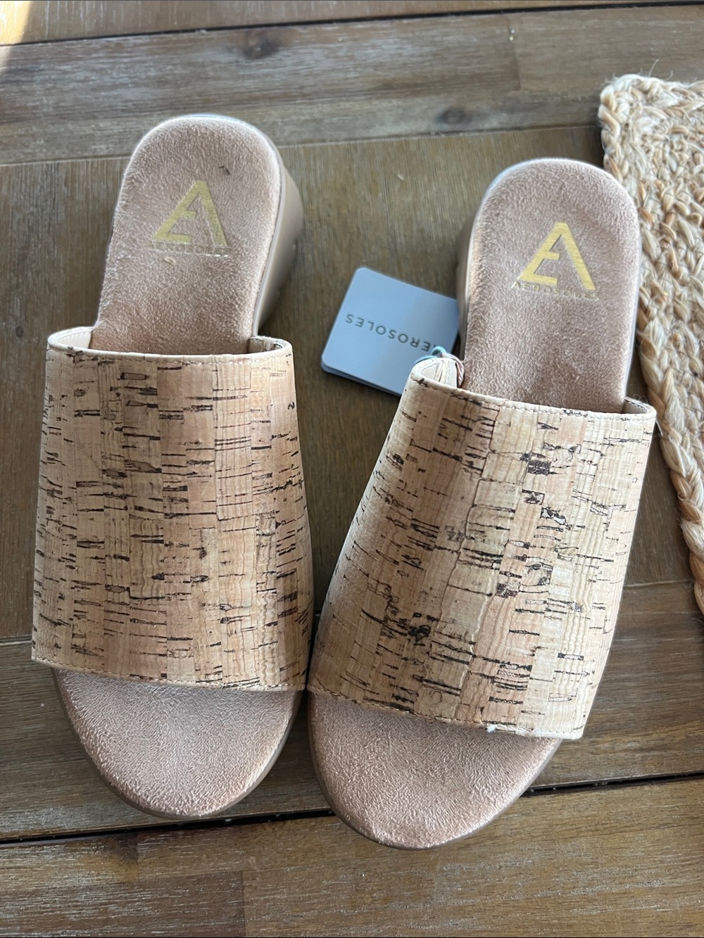 AEROSOLES Cork-Textured Slide Mules in Natural Tan